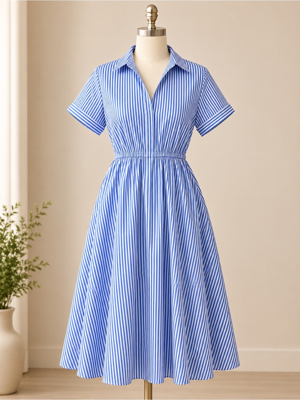 Blue Striped Shirt Dress with Collared Neck
